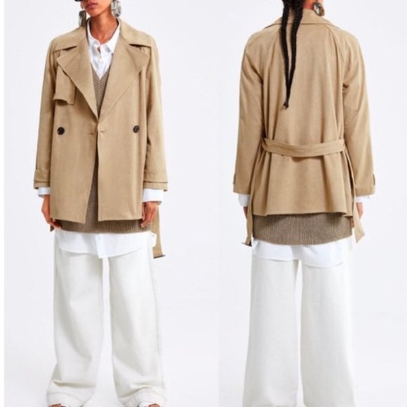 SOLD!!!Zara Camel Faux Suede Trench Coat Size S - Picture 3 of 10